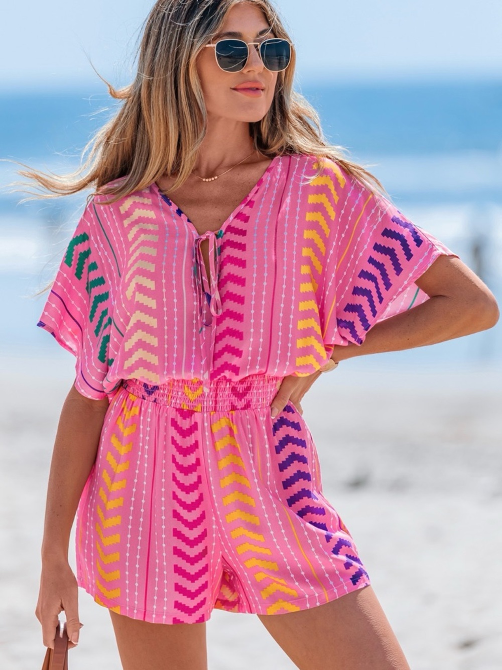 Cupshe Pink Multicolor Chevron Short Jumpsuit Romper
